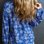 Blue Floral Notched V Neck Long Sleeve Blouse