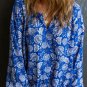 Blue Floral Notched V Neck Long Sleeve Blouse