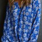 Blue Floral Notched V Neck Long Sleeve Blouse