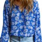 Blue Floral Notched V Neck Long Sleeve Blouse