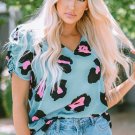 Sky Blue Ruched Short Sleeve Leopard Print Blouse
