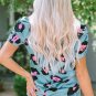 Sky Blue Ruched Short Sleeve Leopard Print Blouse