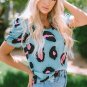 Sky Blue Ruched Short Sleeve Leopard Print Blouse