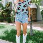 Sky Blue Ruched Short Sleeve Leopard Print Blouse