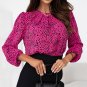 Rose Leopard Print Pleated Blouse with Keyhole