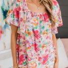 Multicolor Watercolor Floral Square Neck Ruffle Sleeve Blouse