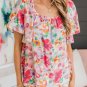 Multicolor Watercolor Floral Square Neck Ruffle Sleeve Blouse