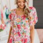 Multicolor Watercolor Floral Square Neck Ruffle Sleeve Blouse