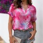 Rose Abstract Floral Print Notch V Neck Rolled Short Sleeve Blouse