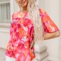Fiery Red Floral Print Wide Sleeve Blouse