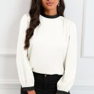 White Color Block Bow Back Mock Neck Blouse