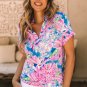 Pink Abstract Floral Print Notch V Neck Rolled Short Sleeve Blouse