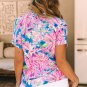 Pink Abstract Floral Print Notch V Neck Rolled Short Sleeve Blouse