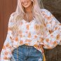 White Tassel Tie V Neck Bubble Sleeve Floral Blouse