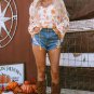 White Tassel Tie V Neck Bubble Sleeve Floral Blouse