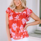 Fiery Red Floral Square Neck Ruffle Sleeve Blouse