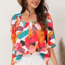 Multicolor Square Neck Abstract Print Short Sleeve Blouse