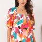 Multicolor Square Neck Abstract Print Short Sleeve Blouse