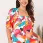 Multicolor Square Neck Abstract Print Short Sleeve Blouse