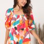 Multicolor Square Neck Abstract Print Short Sleeve Blouse