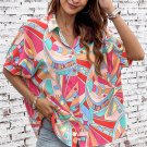 Multicolor Abstract Geometry Print Half Puff Sleeve Loose Shirt