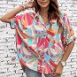 Multicolor Abstract Geometry Print Half Puff Sleeve Loose Shirt
