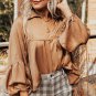 Brown Puff Sleeve Collared Pleated Babydoll Blouse