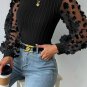 Black Floral Applique Mesh Sleeves Textured Knit Blouse