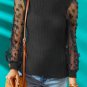 Black Floral Applique Mesh Sleeves Textured Knit Blouse
