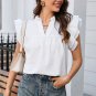 White Ruffle Accent Flutter Sleeve Notch Neck Top