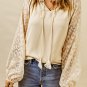Beige Leopard Mesh Bubble Sleeve Split Neck Blouse