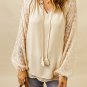Beige Leopard Mesh Bubble Sleeve Split Neck Blouse