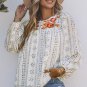 Beige Long Sleeve Embroidered Print Blouse