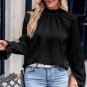 Black Frilled Mock Neck Ripple Bubble Sleeve Blouse