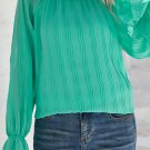 Green Striking Pleated Flared Cuff Long Sleeve Blouse
