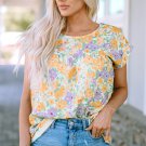Yellow Floral Print Keyhole Back Short Sleeve Babydoll Blouse