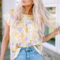 Yellow Floral Print Keyhole Back Short Sleeve Babydoll Blouse