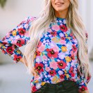 Blue Mock Neck Bubble Sleeve Floral Print Blouse