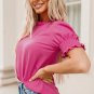 Rose Solid Color Smocked Puff Sleeve Blouse