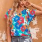 Multicolor Floral Print Drawstring V Neck Short Sleeve Blouse