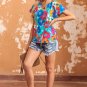 Multicolor Floral Print Drawstring V Neck Short Sleeve Blouse