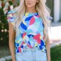 Multicolor Abstract Print Stitching Ruffle Sleeve Blouse