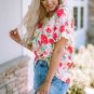Red Floral Print Ruffled Short Sleeve V Neck Blouse