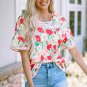 Red Floral Print Ruffled Short Sleeve V Neck Blouse