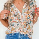 Multicolor Split V Neck Puff Sleeve Flower Print Blouse