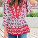 Red Geometric Print 3/4 Sleeve V Neck Shirred Waist Flared Blouse