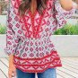 Red Geometric Print 3/4 Sleeve V Neck Shirred Waist Flared Blouse