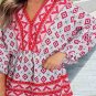 Red Geometric Print 3/4 Sleeve V Neck Shirred Waist Flared Blouse