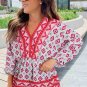 Red Geometric Print 3/4 Sleeve V Neck Shirred Waist Flared Blouse