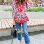 Red Geometric Print 3/4 Sleeve V Neck Shirred Waist Flared Blouse